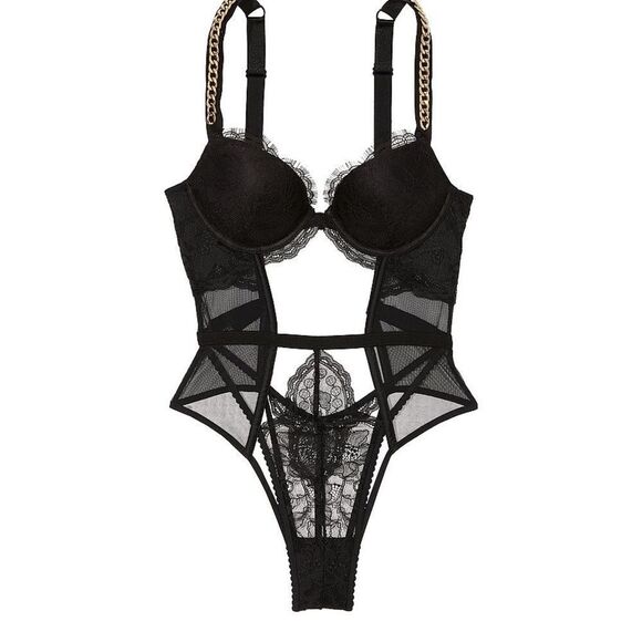 Victoria’s Secret Chain Strap‎ Lace Push-Up Teddy size 2 XL black NWT in pkg - Picture 1 of 8